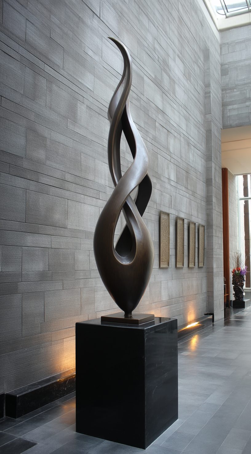 Wimacons monumental bronze-finish sculpture — flowing abstract form, foam-core coated and hand-patinated, luxury hotel lobby