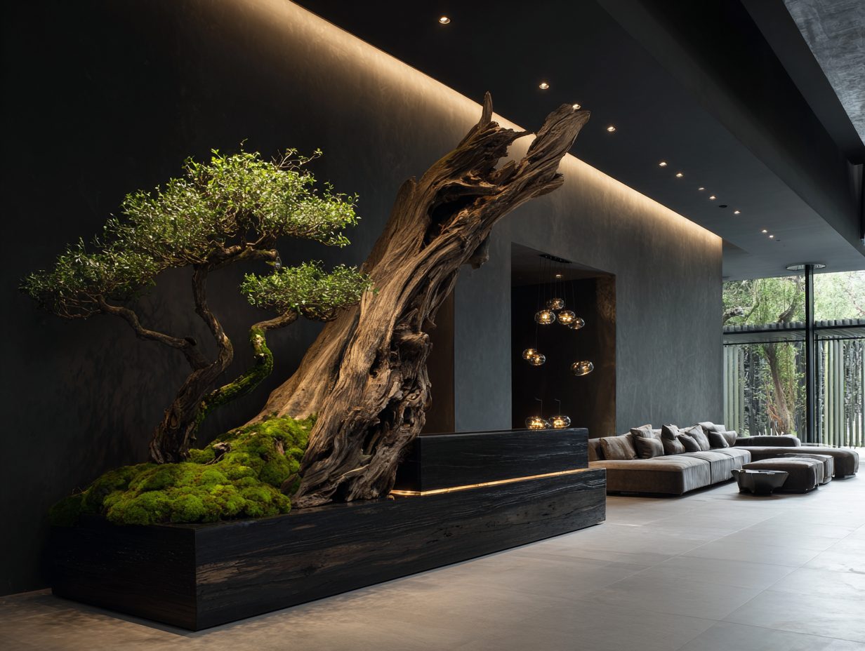 Wimacons bespoke hotel lobby — monumental driftwood tree sculpture with reception desk, lightweight foam-core construction