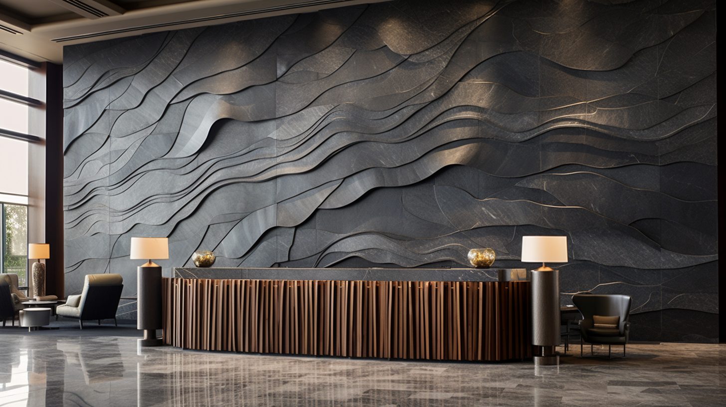 Wimacons reception feature wall — monumental relief installation behind front desk, foam-core fabrication, luxury hotel lobby